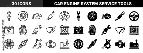 Automotive Performance Component Hybrid Icons Featuring Dual Outline and Solid Styles for Mechanic Diagnostics and Car Repair Maintenance Systems