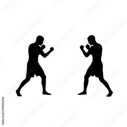 Two male fighters in combat stance black silhouette isolated