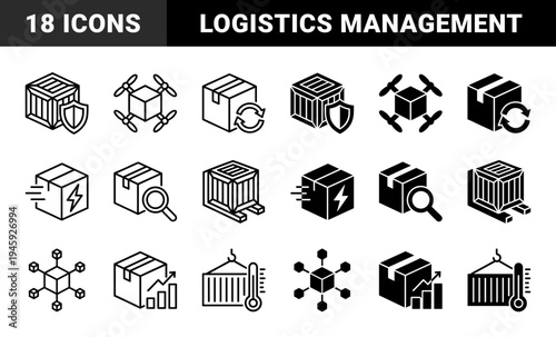Logistics and shipping management icons featuring hybrid box designs with delivery drones magnifying glasses temperature sensors and tracking charts