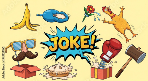 Humorous cartoon illustrations of joke and prank elements including a chicken boxing glove and silly accessories on a yellow background