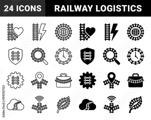 Hybrid Railway Infrastructure and Logistics Icons Combining Railroad Tracks with Global Trade Communication and Energy Symbols in Dual Stroke Styles