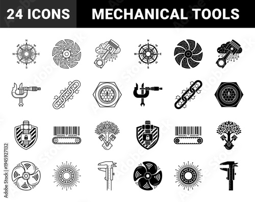 Industrial Engineering and Mechanical Hybrid Symbols Combining Tools with Circuitry Organic Growth and Data Connectivity Elements in Line and Solid Styles