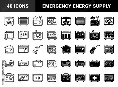 Hybrid portable power generator and industrial battery energy storage icons featuring integrated symbols for solar wind and marine backup systems