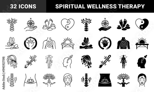 Holistic Wellness and Spiritual Healing Hybrid Icons featuring Zen Lotus Spine Growth and Energy Meridian Body Concept Designs