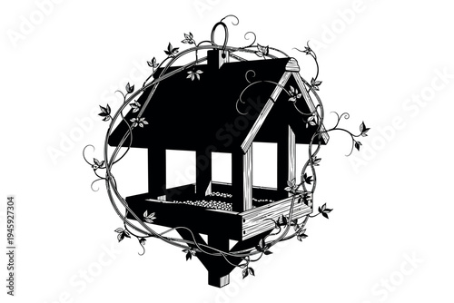 Black and white illustration of a birdhouse with floral wreath