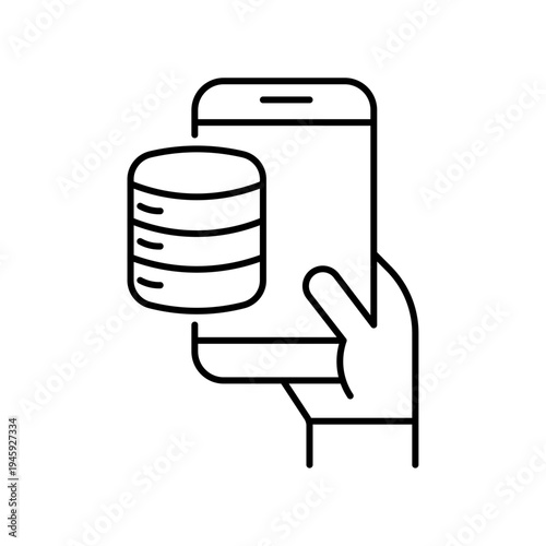 Server Document Icon Data Storage and Database File Vector. Hand with smartphone outline icon illustration isolated vector sign symbol.