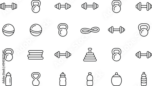 Collection of black line art icons for fitness and sports, featuring dumbbells, kettlebells, yoga mats, water bottles, and more.