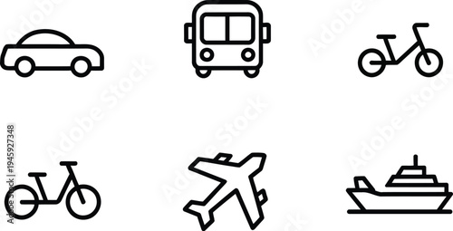 Simple black line art icons depicting various modes of transportation