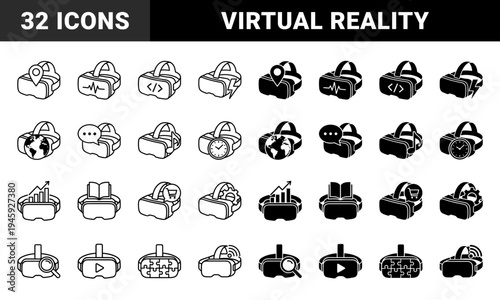 Virtual reality headset icon set featuring hybrid conceptual symbols for augmented simulation multimedia interface and digital immersive experience