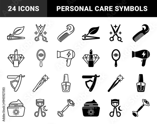 Hybrid Beauty and Personal Care Icons Merging Cosmetic Tools with Nature and Celestial Symbols in Minimalist Line and Solid Styles