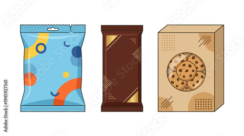 Assorted snack packaging and chocolate bar.