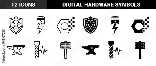 Hybrid Industrial Manufacturing and Digital Data Symbols Featuring Shield Honeycomb Piston Lightning Bolt Nut Pixel Anvil Drill Pulse and Binary Hammer