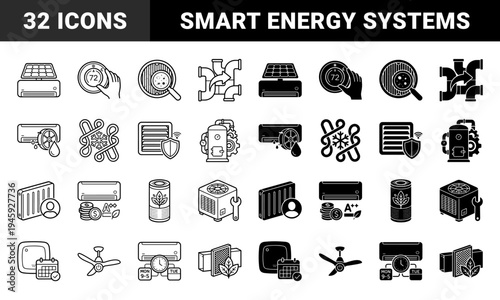 Hybrid HVAC and Smart Home Energy Efficiency Icons featuring Air Conditioning Units Integrated with Solar Panels Currency and Ecological Symbols
