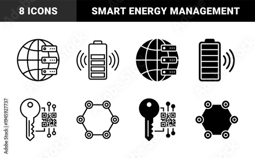 Hybrid Digital Security and Energy Management Icons Featuring Global Server Networks Battery Power Monitoring Encrypted QR Key and Hexagonal Data Mesh
