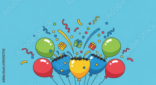 Colorful balloons and confetti popping up in celebration with gifts on a blue background for party decoration