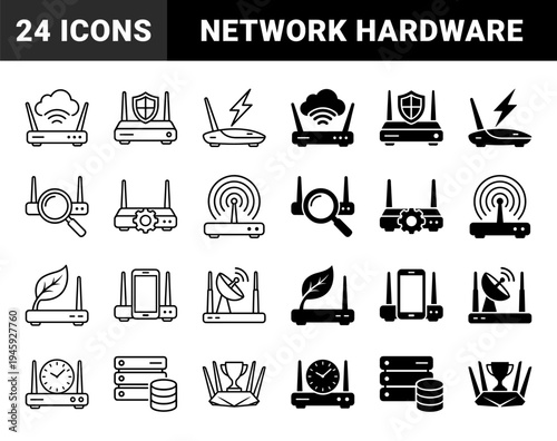 Network Router Hybrid Concepts Merging Wireless Hardware with Security Shield Cloud Search Magnifier and Eco Leaf Symbols in Line and Solid Style
