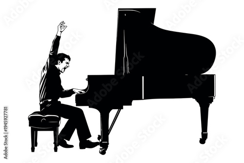 A pianist playing a grand piano with dramatic arm movement