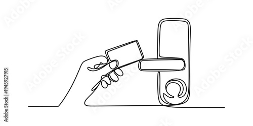 A single continuous line drawing of a hand using a smart key card to unlock a modern hotel door Vector, illustration