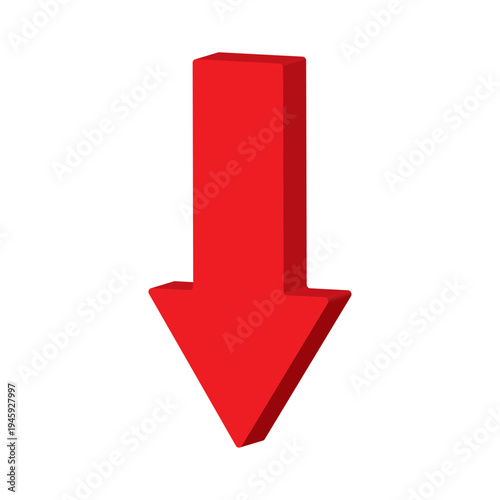3D Red Down Arrow Vector Icon Pointing Downward Direction Symbol for Business Finance Economy Statistics Decrease Drop Loss Recession Crisis Bear Market Isolated on White Background Design Element.