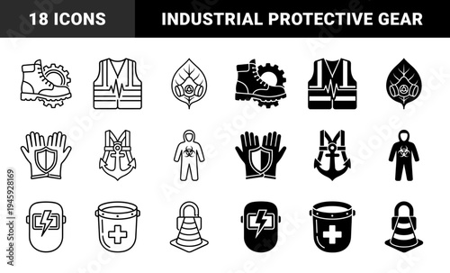 Industrial Safety Equipment Icons Featuring Hybrid Design Concepts Merging Protective Gear with Mechanical Gears Hazards and Maintenance Symbols