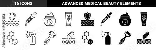Dermatology and advanced skincare icons featuring hybrid molecular structures organic botanical extracts protective skin barriers and anti aging serum droppers
