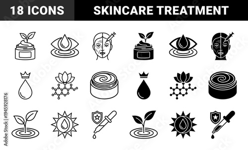 Skincare treatment and dermatology hybrid icons featuring organic cream jars anti aging injections facial serum pipettes and herbal extracts