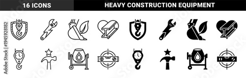 Heavy Construction and Industrial Engineering Hybrid Symbols Featuring Crane Hook Shield Wrench Bolt Excavator Leaf and Steel Heart Concept