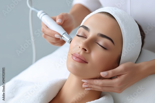 Aesthetic salon scene with microcurrent facial therapy procedure, client lying comfortably with eyes closed, advanced cosmetology device in use, minimal luxury interior