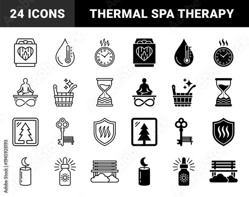 Hybrid sauna and wellness icon set featuring integrated concepts like heat shield protection hourglass water levels and medicinal herb aromatherapy symbols