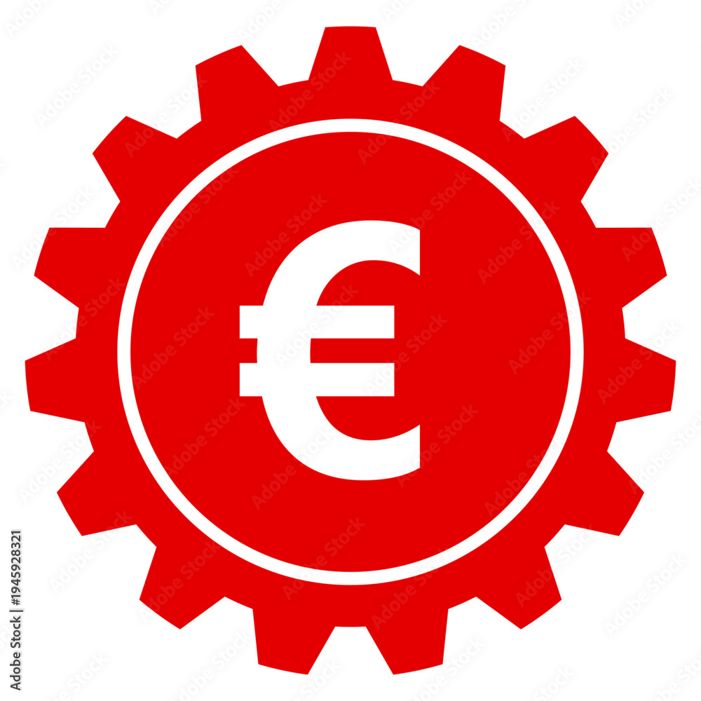 Fototapeta premium Euro Währung Finanzen Einstellungen Icon Vektor Grafik Symbol für europäisches Geld und Banking auf rotem Zahnrad transparent png