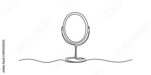 Continuous line drawing of a standing vanity mirror on a wavy line surface Vector, illustration