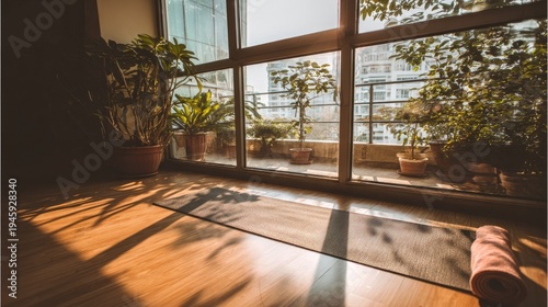 Sunlit room with yoga mat and plants beside a large window view.
