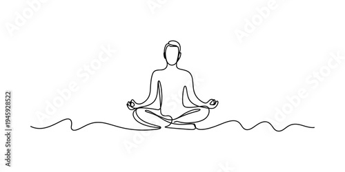 Continuous line art drawing of a person meditating in the lotus position on a white background Vector, illustration