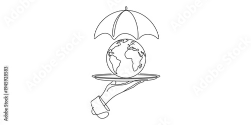 A continuous line drawing of a hand holding a tray with the earth and an umbrella for protection. Vector, illustration