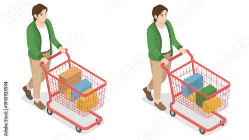 Woman Pushing Shopping Cart with Boxes, Isometric Illustration Isolated on White