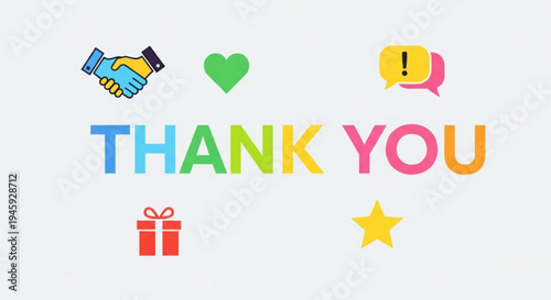 Colorful thank you message with icons on white background for appreciation and gratitude
