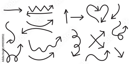 hand drawn arrows and Summer vacation doodle illustration set. scribbles collection group, line drawing set, Hand Cute various media background for poster and digital projects Transparent Background.