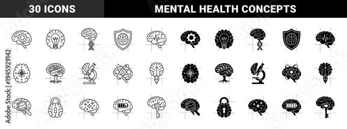 Hybrid Brain Icon Set Merging Psychology Concepts with Science Nature and Security Symbols in Line and Solid Glyph Styles for Cognitive Branding