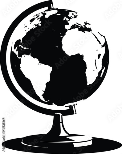 Classic black and white globe on a stand depicting the continents of the world