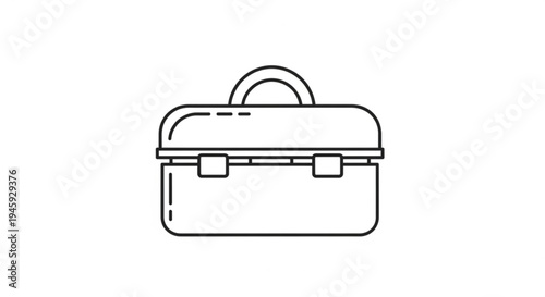 Simple black line drawing of closed lunchbox with handle and clasps on white background for food storage