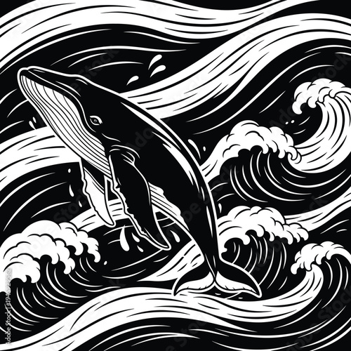 Elegant whale breaching through powerful ocean waves