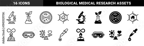 Hybrid Laboratory Science and Biotech Icons Featuring Microscope DNA Helix and Flask Botanical Leaf Symbols in Outline and Solid Styles
