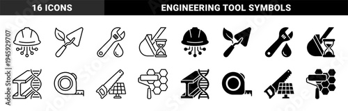 Hybrid Industrial Construction and Engineering Icon Set Featuring Combined Symbols of Infrastructure Development and Technical Maintenance Tools