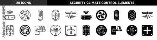 Black and white minimalist hybrid symbols featuring combined elements of home hardware security climate control and organic leaf patterns