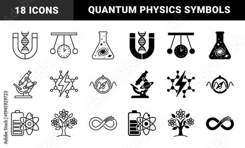 Scientific Hybrid Symbol Set Featuring DNA Magnetism Galactic Laboratory Flasks Quantum Energy Battery and Atomic Botanical Growth Icons