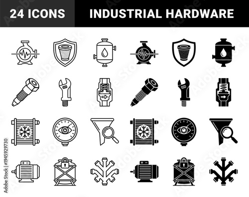 Industrial engineering hybrid icons featuring mechanical components merged with monitoring symbols for hydraulic systems and maintenance logistics