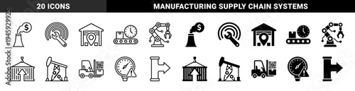Industrial Manufacturing and Logistics Hybrid Icon Set Featuring Smart Factory Automation Robotics Supply Chain Optimization and Energy Cost Management
