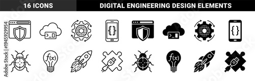 Hybrid coding and software development icons merging programming symbols with rocket launches bulb ideas and security shields in outline and solid styles