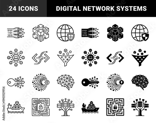 Data Infrastructure and Digital Intelligence Icon Set Featuring Fiber Optic Cables Isometric Servers and Neural Network Brain Hybrids