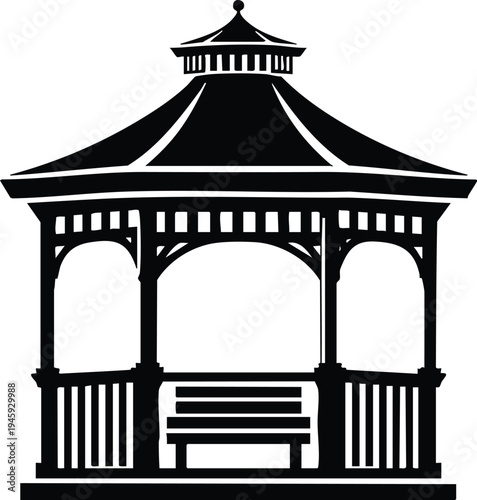 Black silhouette of a classic gazebo with a bench inside simple vector illustration for park design and architectural elements, isolated on white background